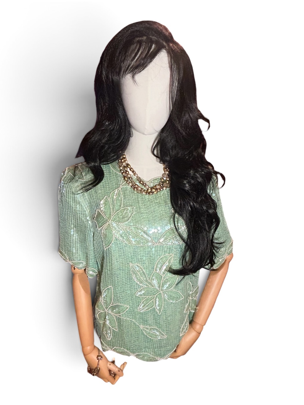 1980s Vintage Neiman Marcus Sequin Blouse Mint Green